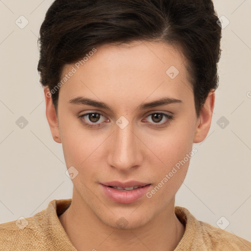 Neutral white young-adult female with short  brown hair and brown eyes