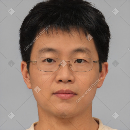 Neutral asian young-adult male with short  brown hair and brown eyes