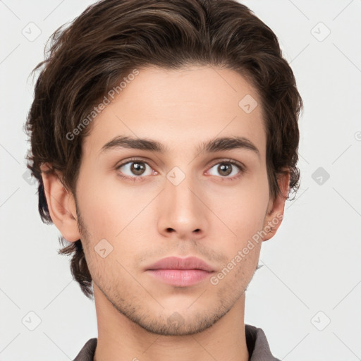 Neutral white young-adult male with short  brown hair and brown eyes