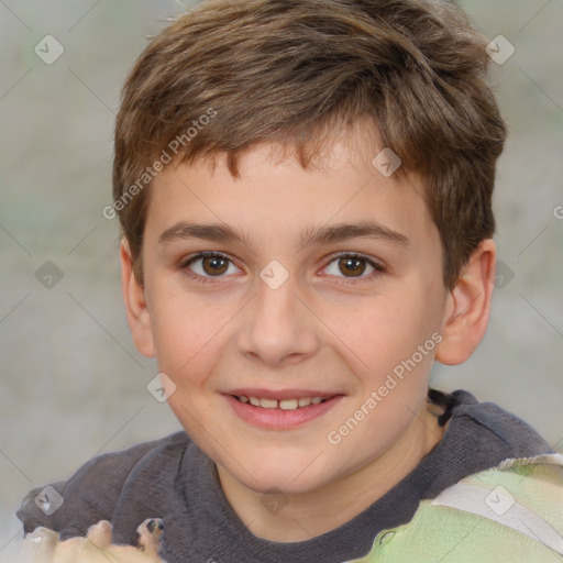 Joyful white child male with short  brown hair and brown eyes