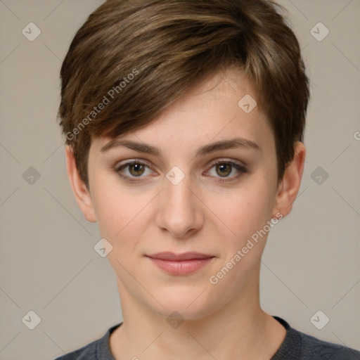 Joyful white young-adult female with short  brown hair and grey eyes