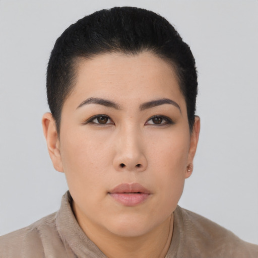 Neutral asian young-adult female with short  black hair and brown eyes