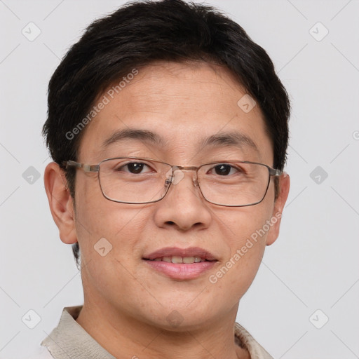 Joyful white adult male with short  brown hair and brown eyes