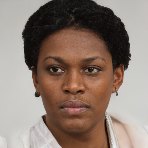 Neutral black young-adult female with short  black hair and brown eyes