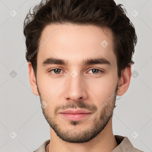 Neutral white young-adult male with short  brown hair and brown eyes