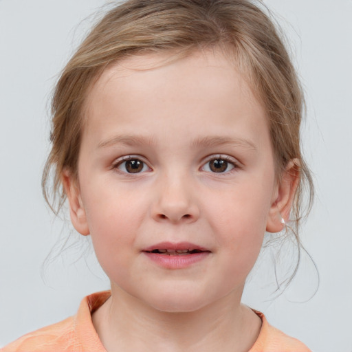 Joyful white child female with medium  brown hair and blue eyes