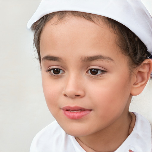 Joyful white child female with short  brown hair and brown eyes