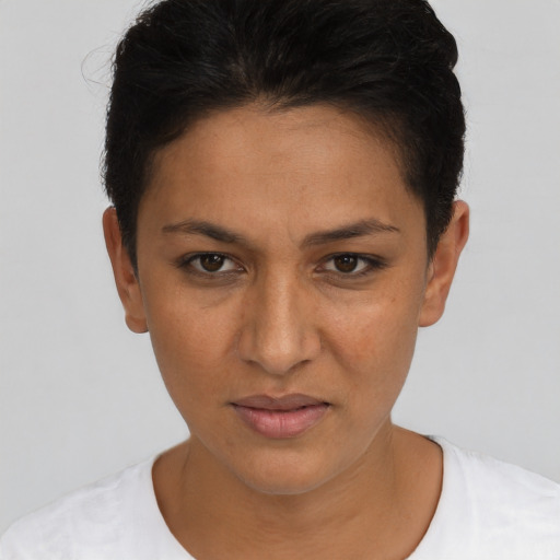 Neutral white young-adult female with short  brown hair and brown eyes