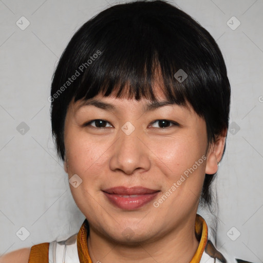 Joyful white adult female with short  brown hair and brown eyes