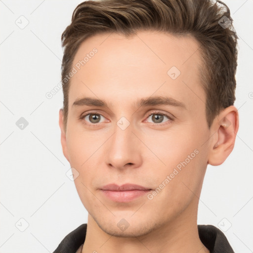 Neutral white young-adult male with short  brown hair and brown eyes