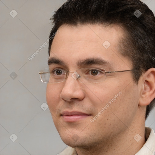 Neutral white young-adult male with short  brown hair and brown eyes