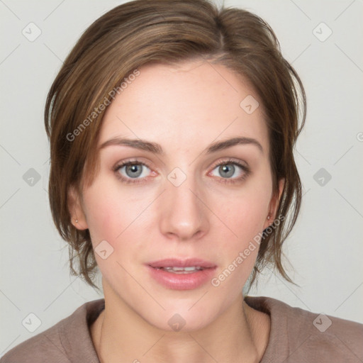 Neutral white young-adult female with medium  brown hair and grey eyes