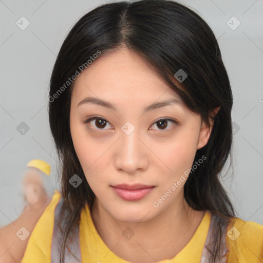 Neutral asian young-adult female with medium  brown hair and brown eyes