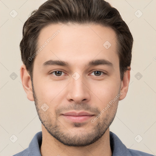 Neutral white young-adult male with short  brown hair and brown eyes