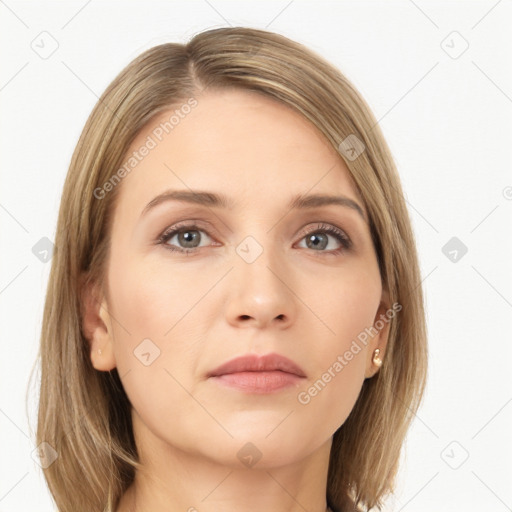 Neutral white young-adult female with long  brown hair and grey eyes