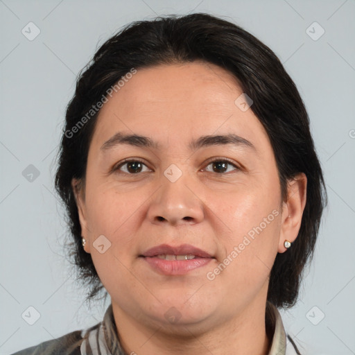 Joyful white adult female with medium  brown hair and brown eyes