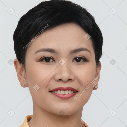 Joyful asian young-adult female with short  black hair and brown eyes