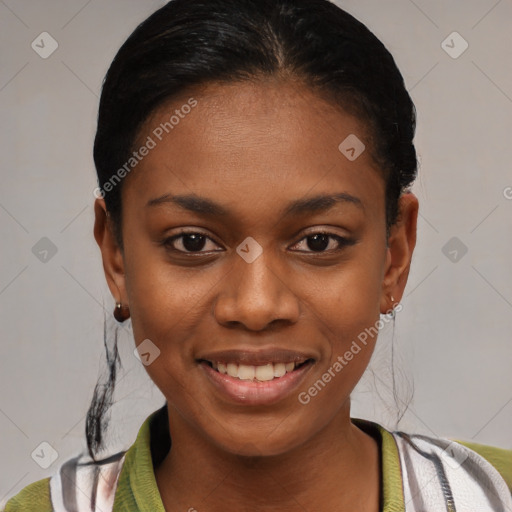 Joyful latino young-adult female with short  black hair and brown eyes