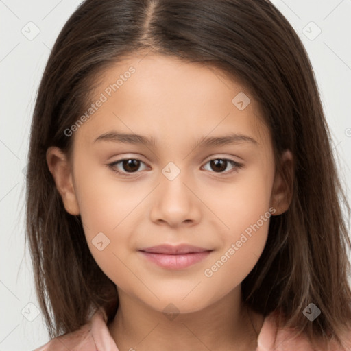 Joyful white child female with medium  brown hair and brown eyes