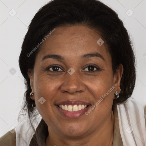 Joyful white adult female with medium  brown hair and brown eyes