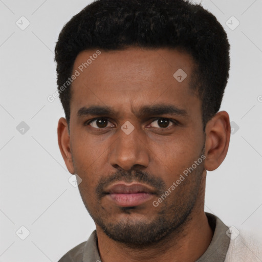 Neutral latino young-adult male with short  black hair and brown eyes