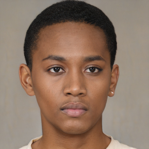 Neutral black young-adult male with short  brown hair and brown eyes