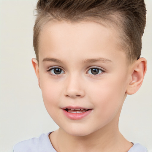 Joyful white child female with short  brown hair and brown eyes