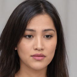 Neutral asian young-adult female with long  brown hair and brown eyes