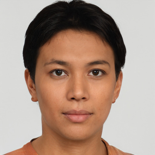 Neutral asian young-adult female with short  brown hair and brown eyes