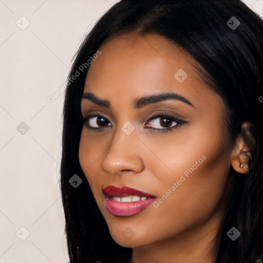 Joyful latino young-adult female with long  black hair and brown eyes