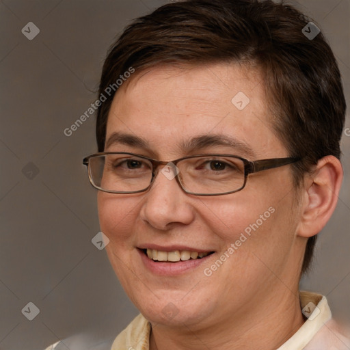 Joyful white adult female with short  brown hair and brown eyes