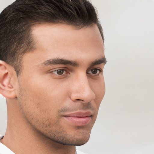 Neutral white young-adult male with short  brown hair and brown eyes