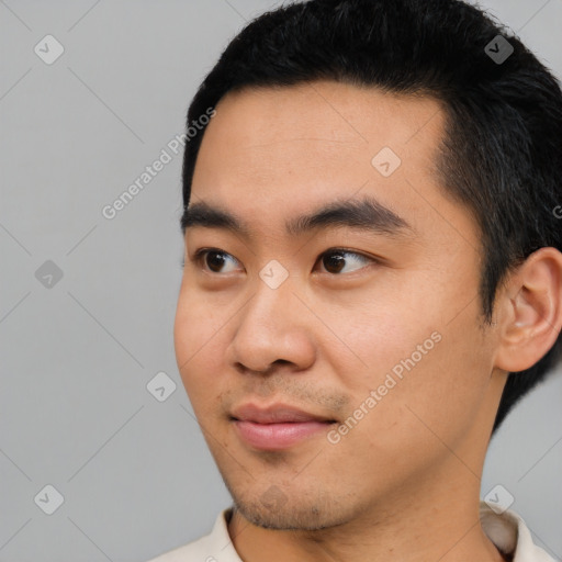 Neutral asian young-adult male with short  black hair and brown eyes