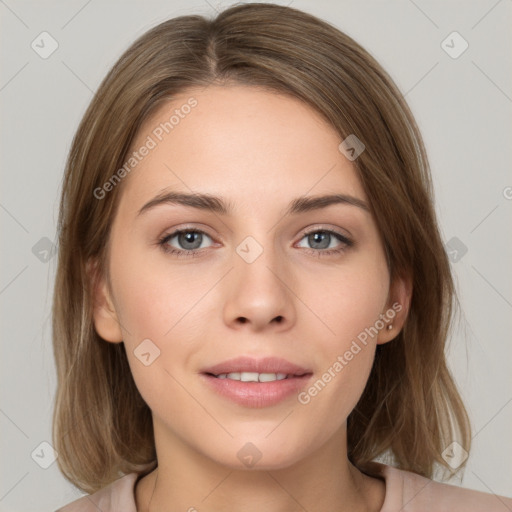 Neutral white young-adult female with medium  brown hair and grey eyes