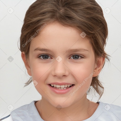 Joyful white child female with medium  brown hair and brown eyes