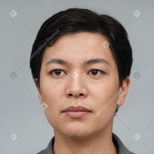 Neutral asian young-adult male with short  black hair and brown eyes