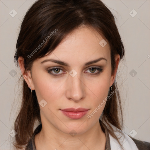 Neutral white young-adult female with medium  brown hair and brown eyes