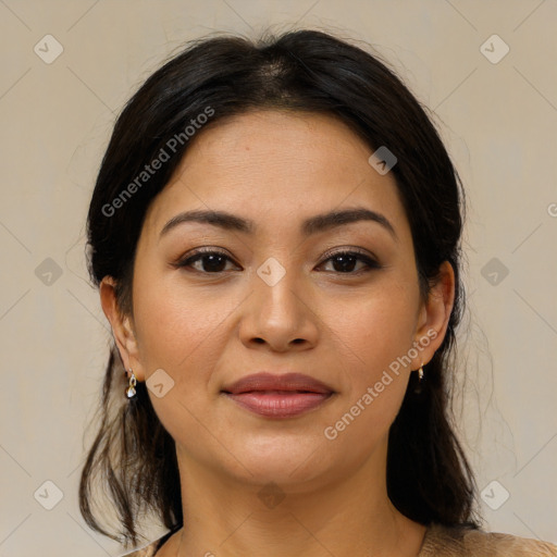 Joyful asian young-adult female with medium  brown hair and brown eyes