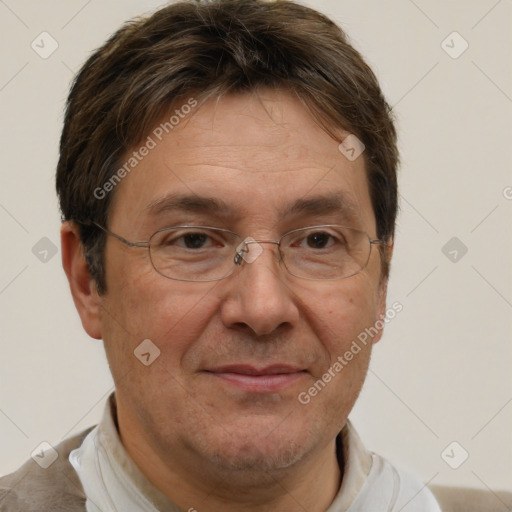 Joyful white middle-aged male with short  brown hair and brown eyes