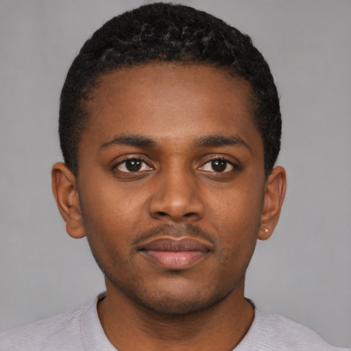 Neutral black young-adult male with short  brown hair and brown eyes