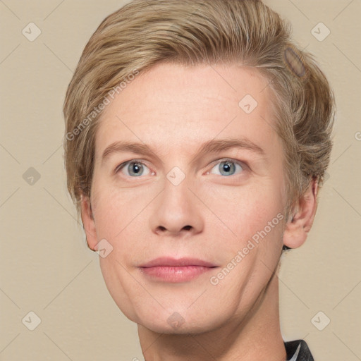 Joyful white adult male with short  brown hair and grey eyes