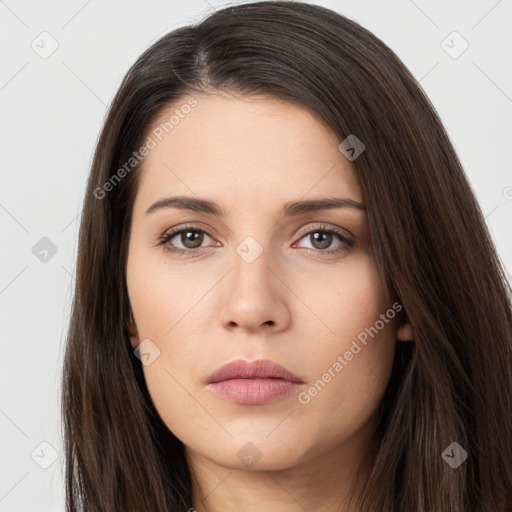 Neutral white young-adult female with long  brown hair and brown eyes