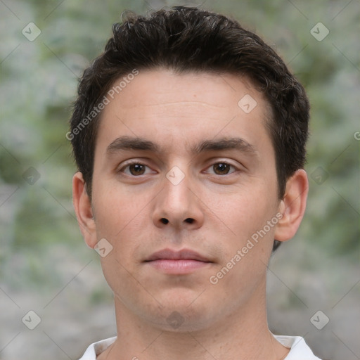 Neutral white young-adult male with short  brown hair and brown eyes