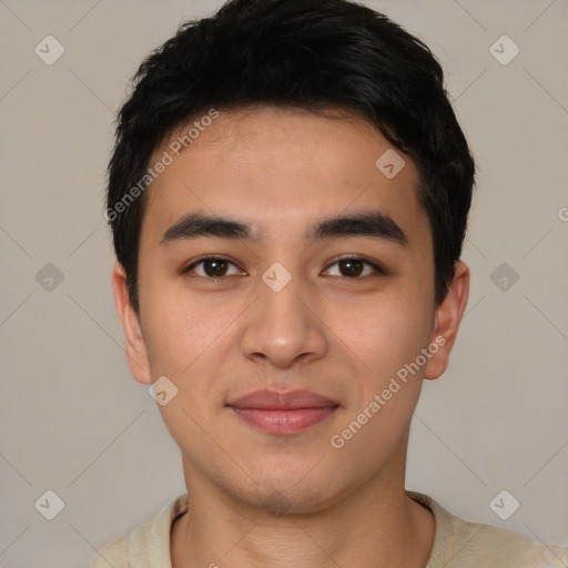 Joyful asian young-adult male with short  brown hair and brown eyes