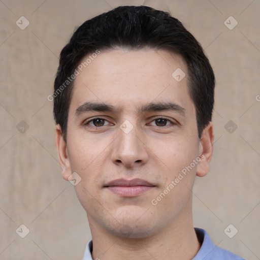 Neutral white young-adult male with short  black hair and brown eyes