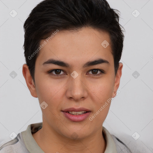 Joyful white young-adult female with short  brown hair and brown eyes