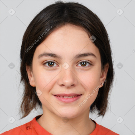 Joyful white young-adult female with medium  brown hair and brown eyes