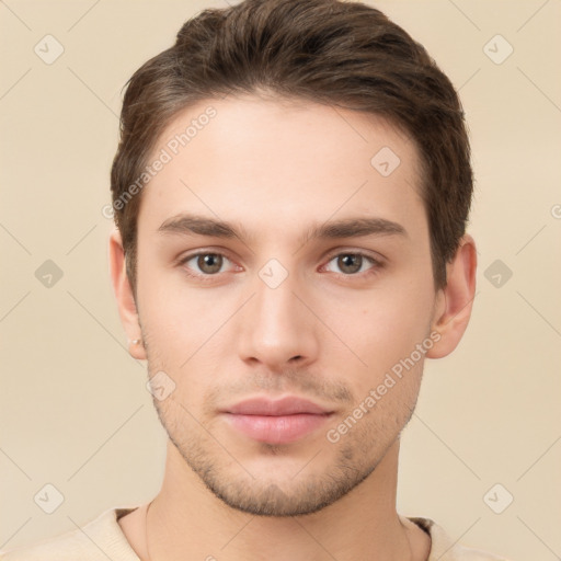 Neutral white young-adult male with short  brown hair and brown eyes