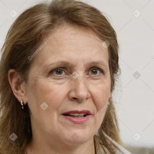 Joyful white adult female with long  brown hair and brown eyes