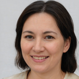 Joyful white adult female with medium  brown hair and brown eyes